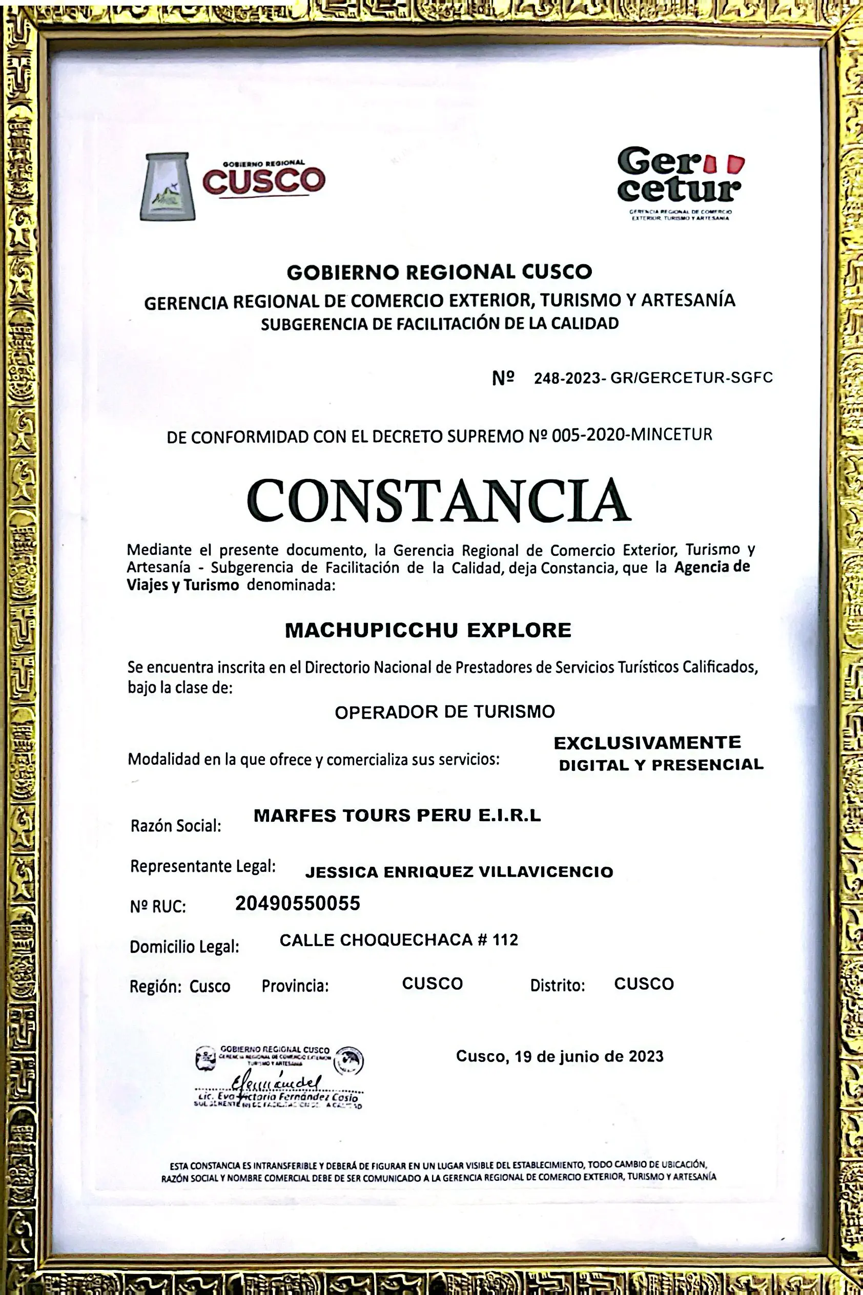 Gercetur certificate awarded to marfes tours peru