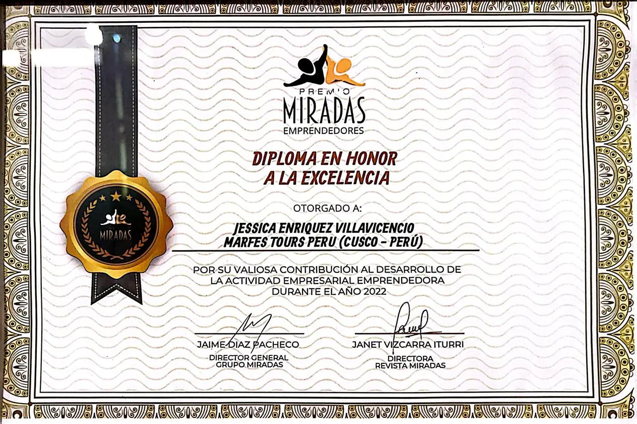 miradas certified awarded from marfes tours peru