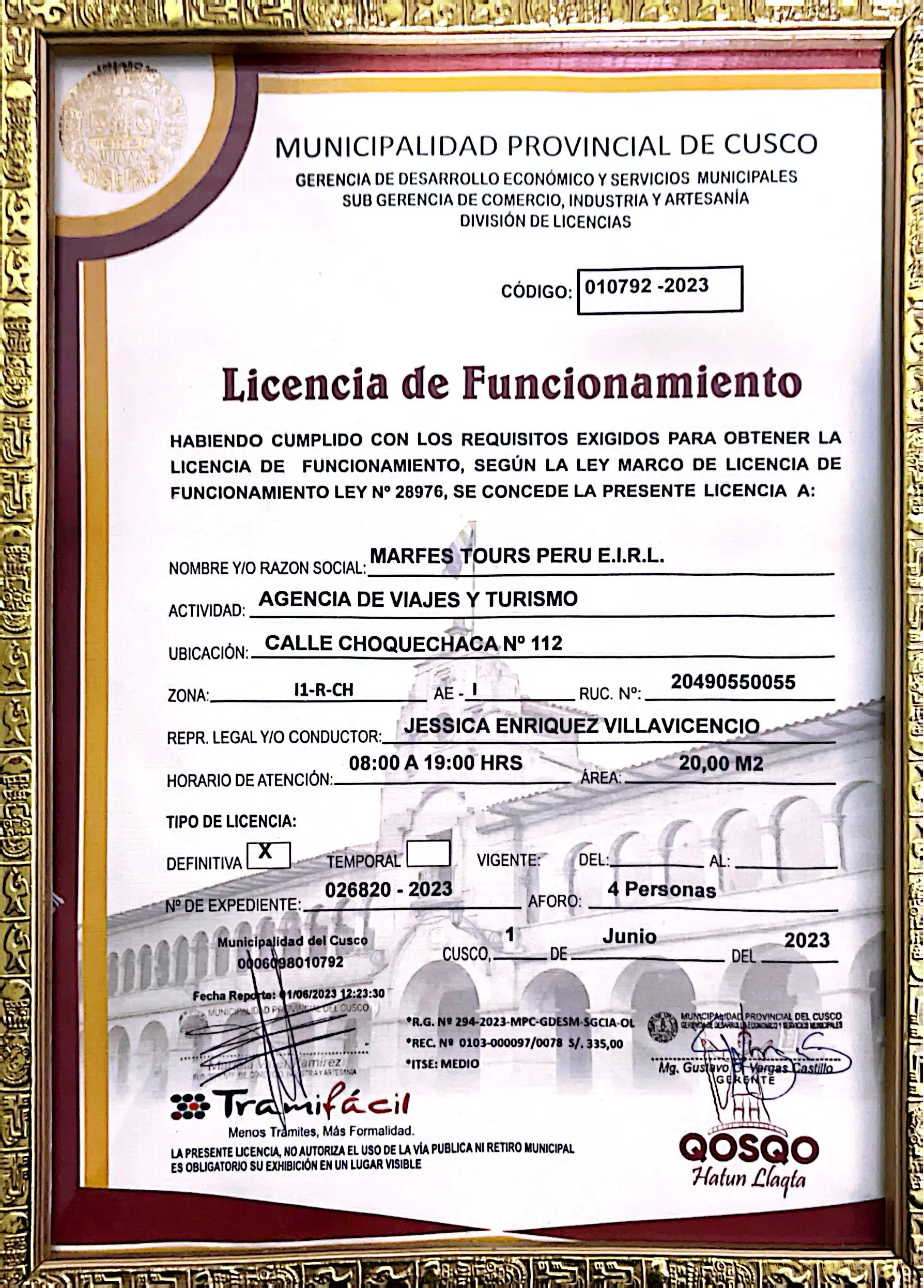 Operating license from Marfes Tours Peru